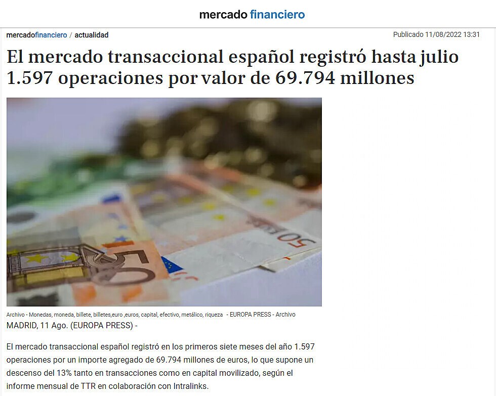 El mercado transaccional espaol registr hasta julio 1.597 operaciones por valor de 69.794 millones